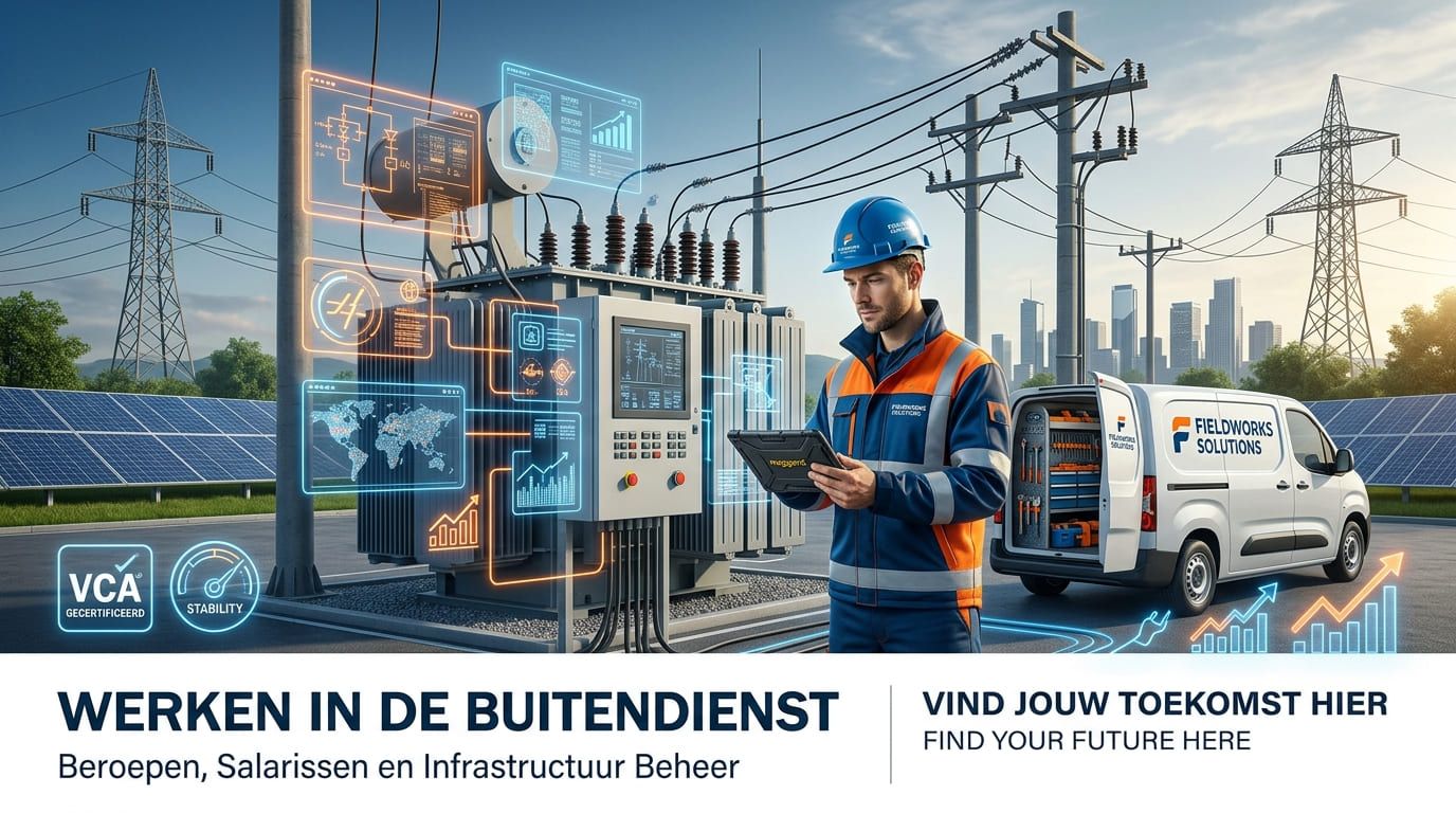 Monteur met blauwe helm en oranje vest bij een transformator, met zonnepanelen, hoogspanningsmasten en een open bus vol gereedschap