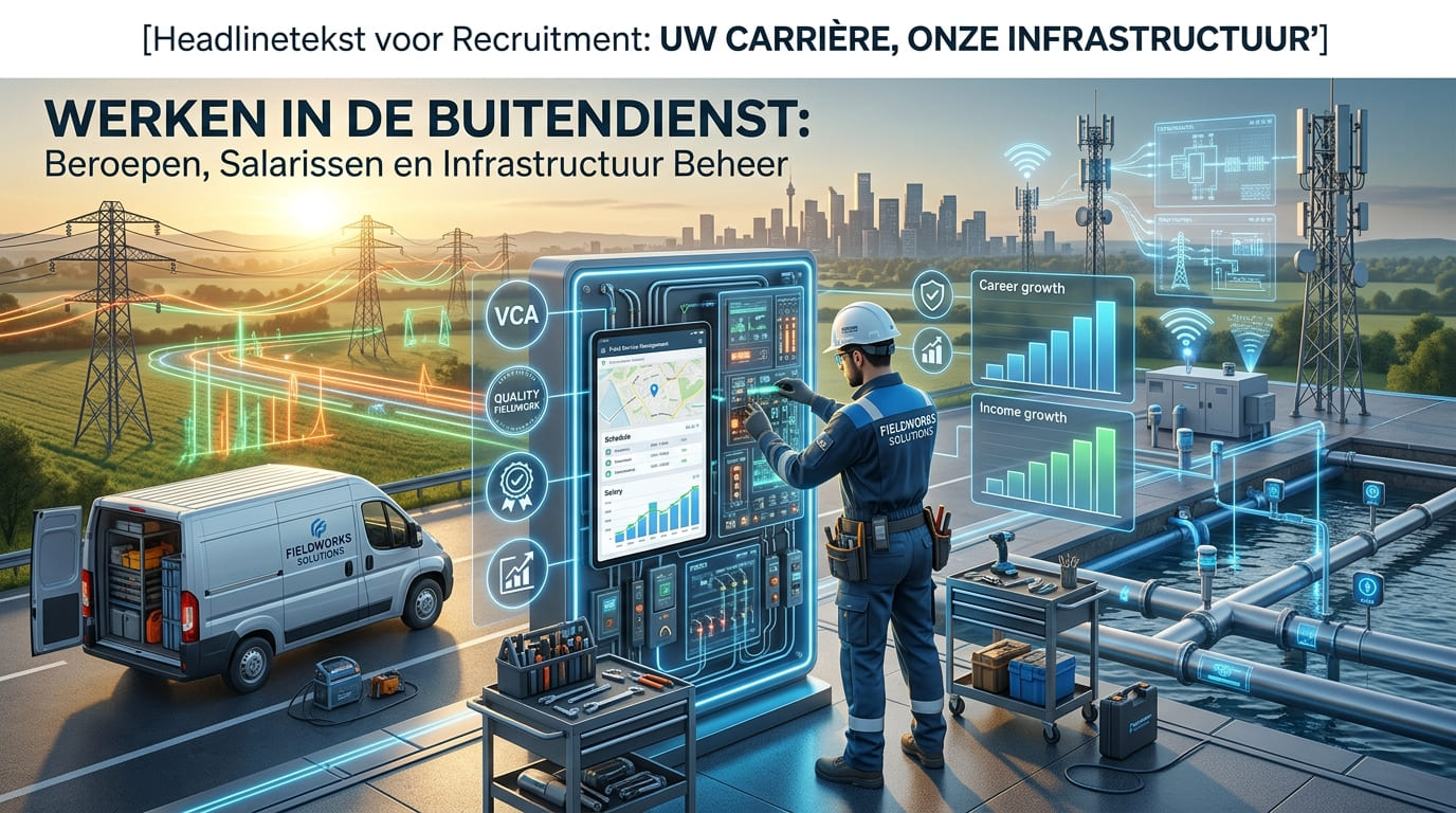 Monteur met witte helm bij een schakelkast langs een weg, met een open bus, gereedschapswagens en leidingen bij het water