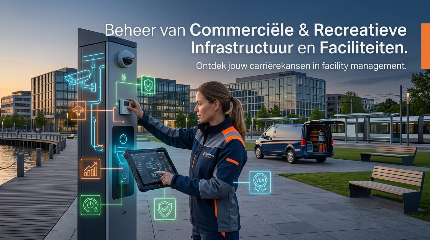 Vrouw in werkjas met tablet bij een paal met camera, op een plein aan het water, met een bus en kantoorgebouwen