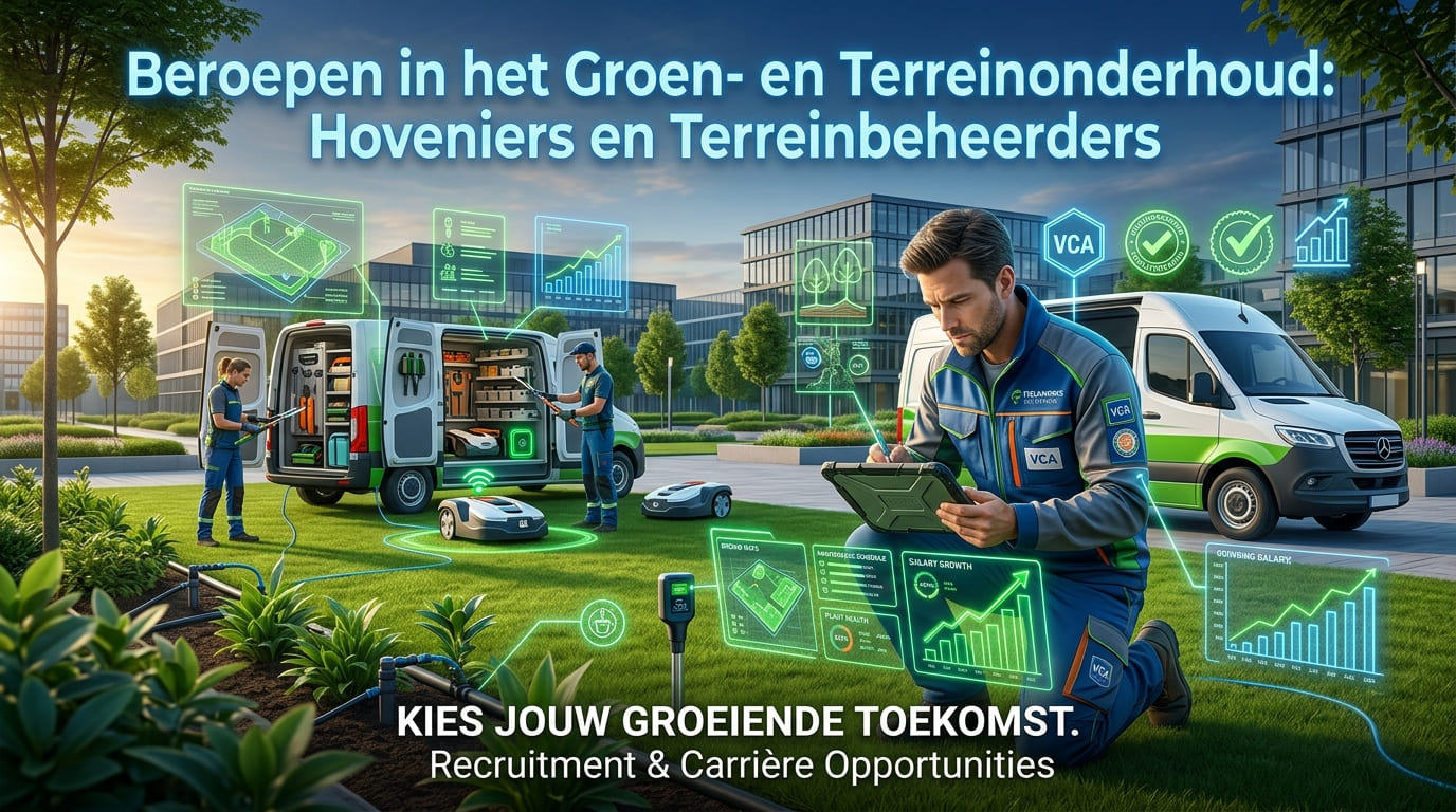 Ploeg in blauwe overalls op een gazon voor kantoorgebouwen, een knielende monteur met tablet, robotmaaiers en open busjes