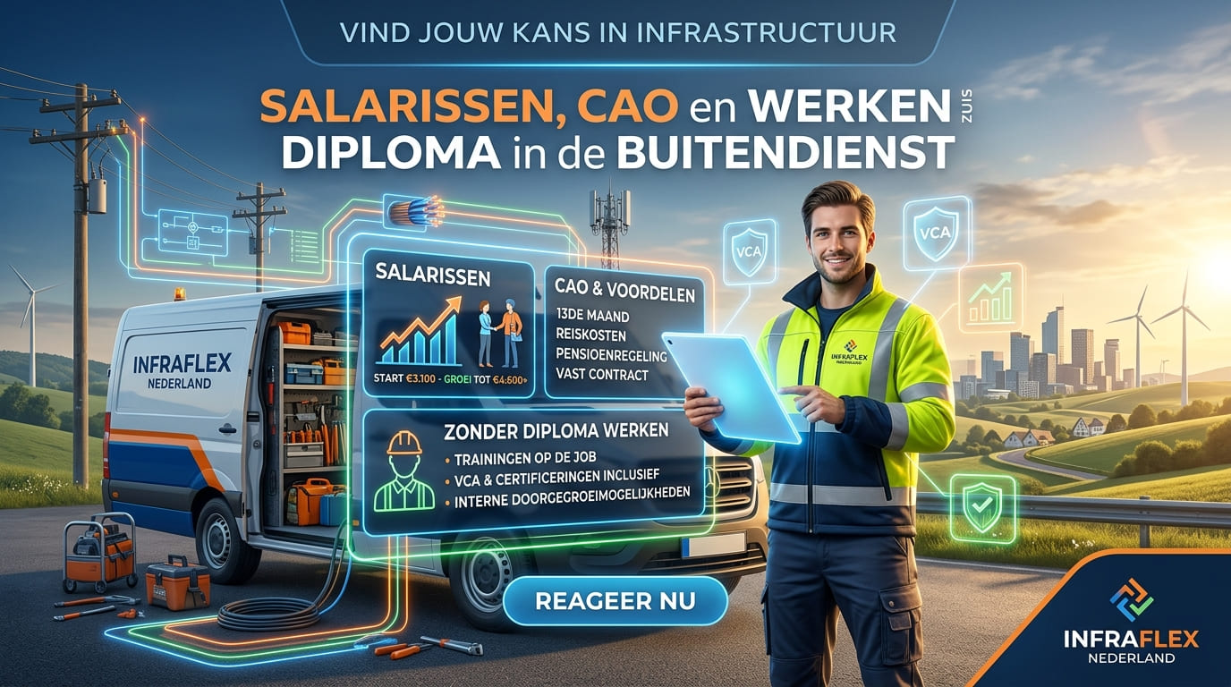 Man in geel hesje met tablet voor een open bus, met gereedschap op het asfalt, windmolens en een stad op de achtergrond