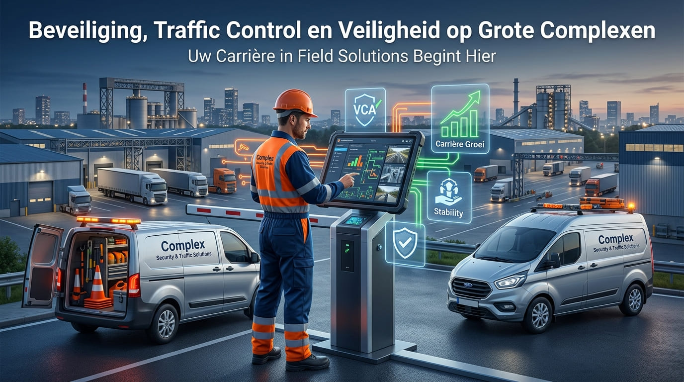 Man in oranje helm en hes bij een scherm op een industrieterrein, met twee busjes, een slagboom en vrachtwagens